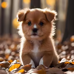 small cute brown puppy sitting in the leaves