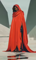 a woman in a red cloak and heels