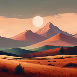 a painting of a scenic view of mountains at sunset,the sunset is shining in a scenic mountain scene