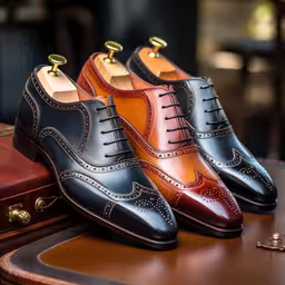 a couple of mens shoes sitting on top of a wooden table,three different color shoes sitting on top of some luggage