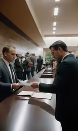 a man in a business suit handing a piece of paper to another man at a table