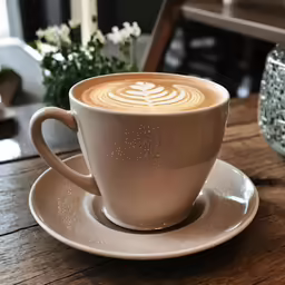 a cappuccino with a design is in a coffee cup