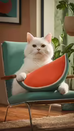 a cat is sitting in a chair holding a slice of watermelon