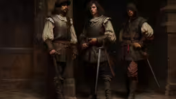 two men dressed in colonial clothing and hats,two men in renaissance clothing stand in a doorway