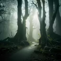 the light in the fog is shining through a tree lined pathway