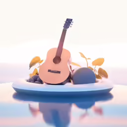an acoustic guitar rests on top of some stones