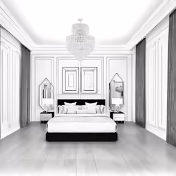 black and white photo of a luxurious bedroom with mirrored doors