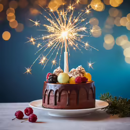 a cake covered in chocolate, fruit and fireworks
