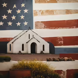 a wall with an old church in the background