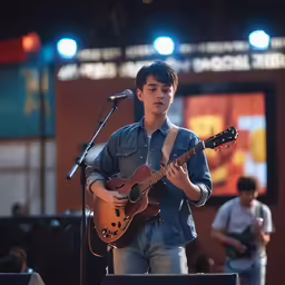 a boy plays an electric guitar at an event