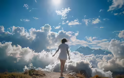 a woman walking on a path in a field