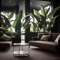 the modern living room has tropical plants in it