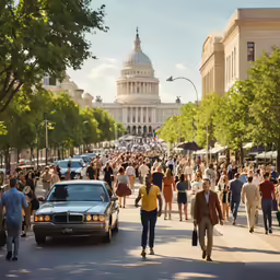 a large group of people walk down a street