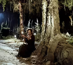 woman seated on dirt road under tree and holding lit lights