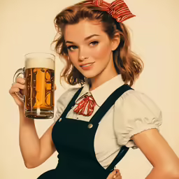 the woman is wearing an apron and is holding a beer mug