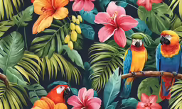 colorful birds and tropical flowers on a branch
