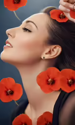 a woman holding up three flower petals in the air