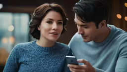 a couple looking at a smart phone