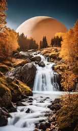 a very big pretty landscape with a waterfall