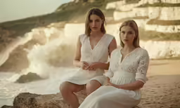 two women in white are sitting on some rocks