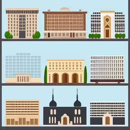three bookshelves with city building design on them,a long row of model houses on shelves