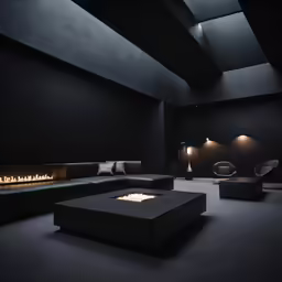 a large black couch sitting under a window