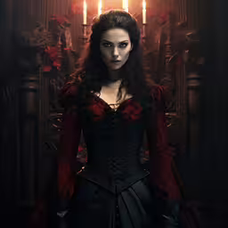 a woman with long hair wearing black and red,the actress dressed in period costume standing by candles
