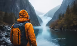 a person standing on a cliff looking at water and mountains