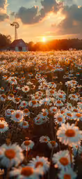 a beautiful sunset over a field of daisies,white daisys and a windmill in the background