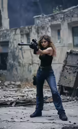 a woman in black shirt holding rifle on street