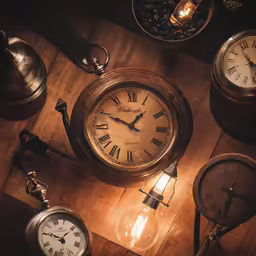 several clocks are displayed on a wooden table