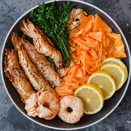 an image of a tray of food with shrimp, lemons, and other things