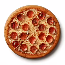 a pepperoni pizza with cheese on a white surface