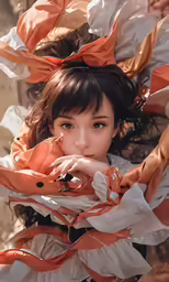 a young girl wearing head scarves and holding an orange scarf