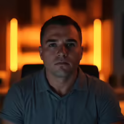 the man is sitting down wearing a black polo shirt
