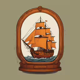 the wooden sailboat is depicted in the oval display case,a ship under a glass case on display