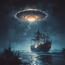 a ship flying through a field full of debris