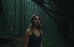 a girl in the forest looking away from the camera