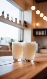 two glasses on a counter with a pitcher next to them