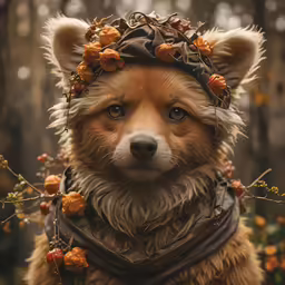 a red dog wearing an outfit made up of flowers