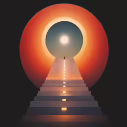 stairs to an illuminated ball with a person standing in the middle