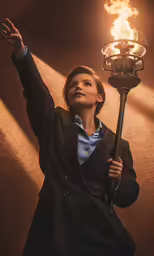 a woman in a suit holds a lit torch over her head