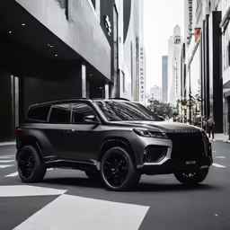 a very black and grey colored suv in the middle of a street