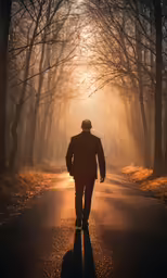 a person walks down the road towards a sunset