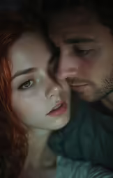 a man and woman in the dark, one of which is staring into the camera