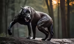 a dog on a log in the woods
