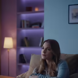 the young woman is sitting on the couch, wearing a long sweater