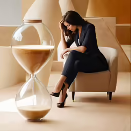 a woman sitting on a chair next to an hourglass