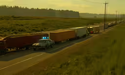 a truck drives along the road as a car passes,an image of traffic on the highway in the evening