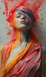 woman in a red, yellow, and blue dress with painted hair